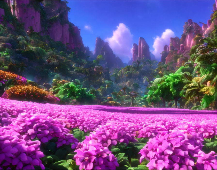 Colorful animated landscape with pink flowers, exotic trees, and towering rocks under a pastel sky