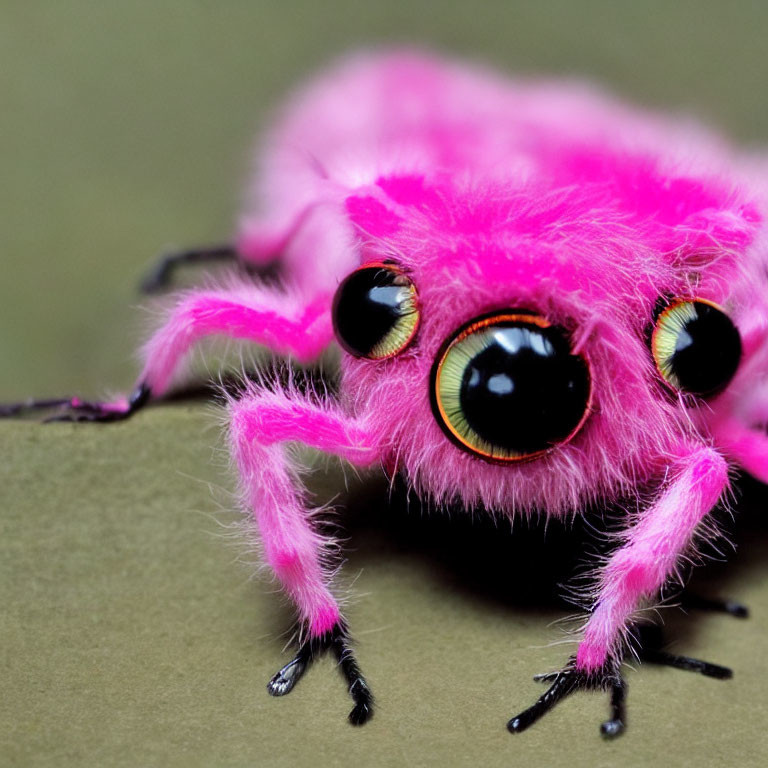 Vibrant pink jumping spider with black eyes on green background