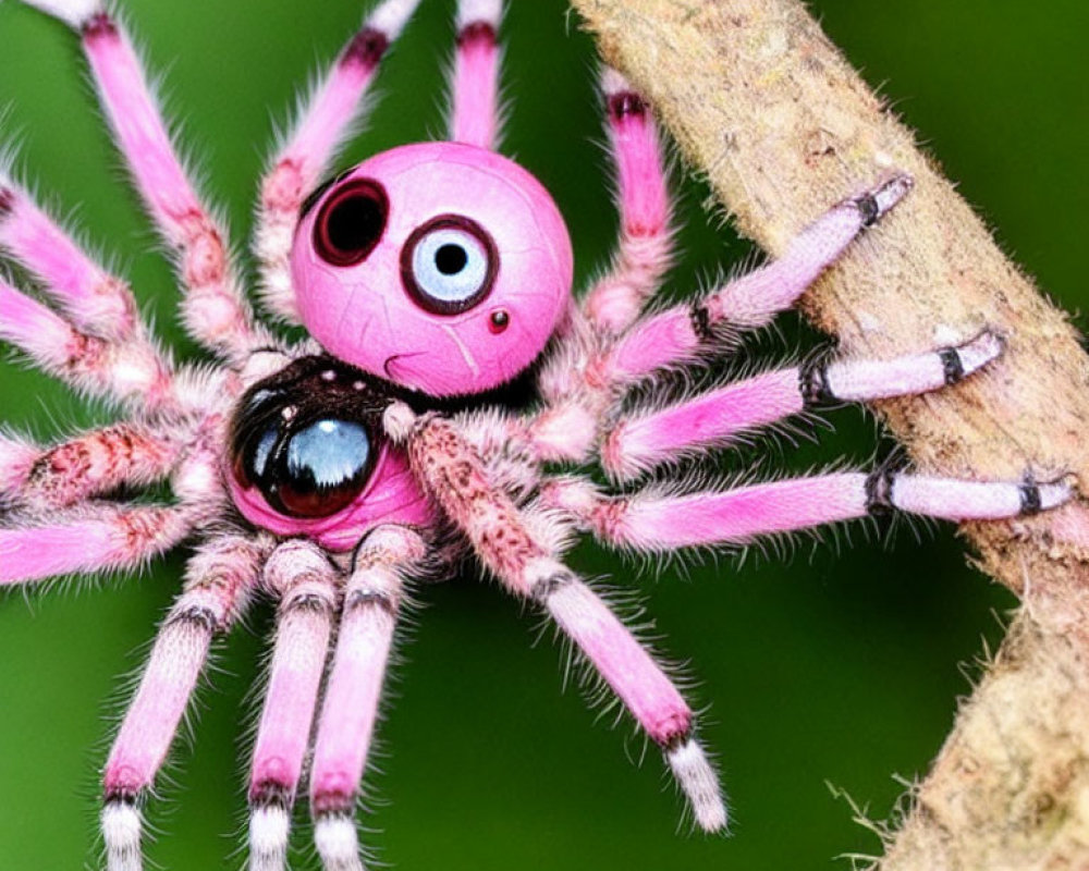 Pink Spider with Cartoonish Eyes Perched on Twig Green Background