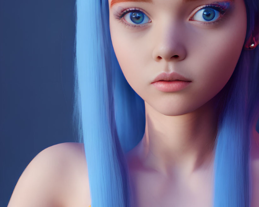 Portrait of a girl with blue hair, blue eyes, and flame tattoo on dark background