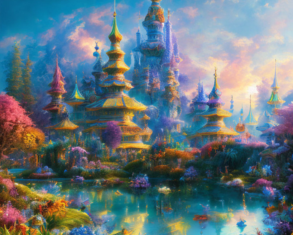 Colorful fantasy landscape with ornate towers, lush foliage, and tranquil river