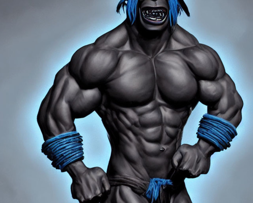 Blue-skinned muscular character in spiked headpiece and wristbands on grey background