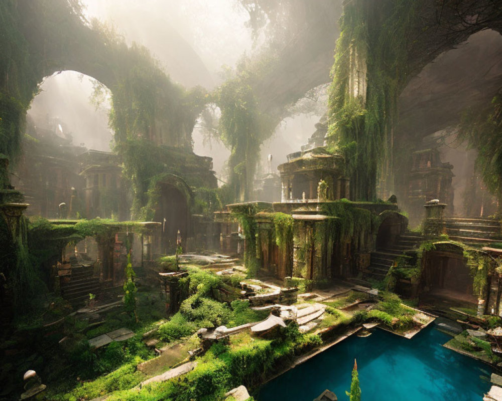 Ancient overgrown ruin with arches, pools, lush vegetation.