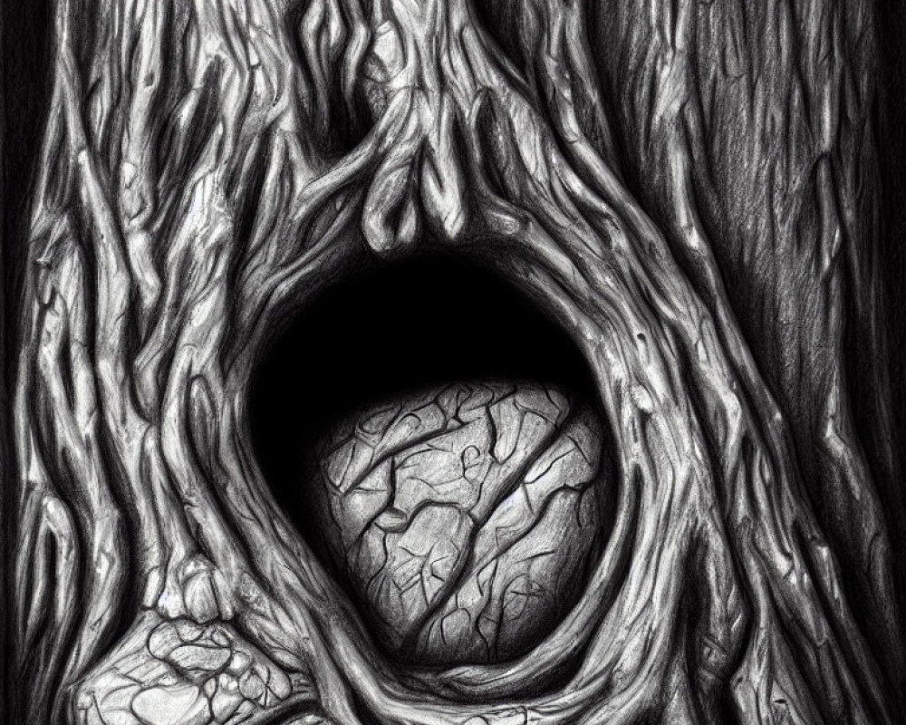 Monochrome pencil sketch of gnarled tree with eye-like hollow and textured bark.