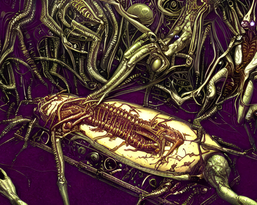 Detailed biomechanical art: Alien creatures with skeletal and robotic features in gold and purple.