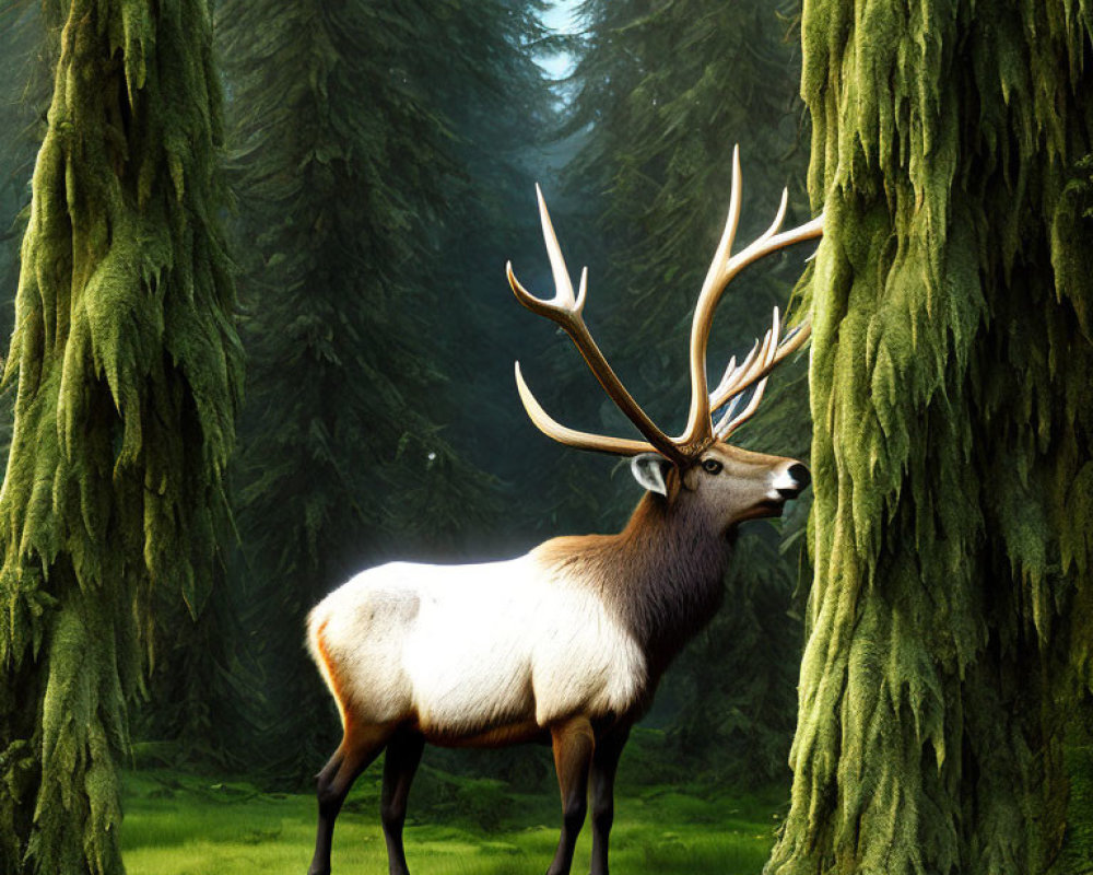 Majestic elk in sunlit forest clearing surrounded by moss-covered trees