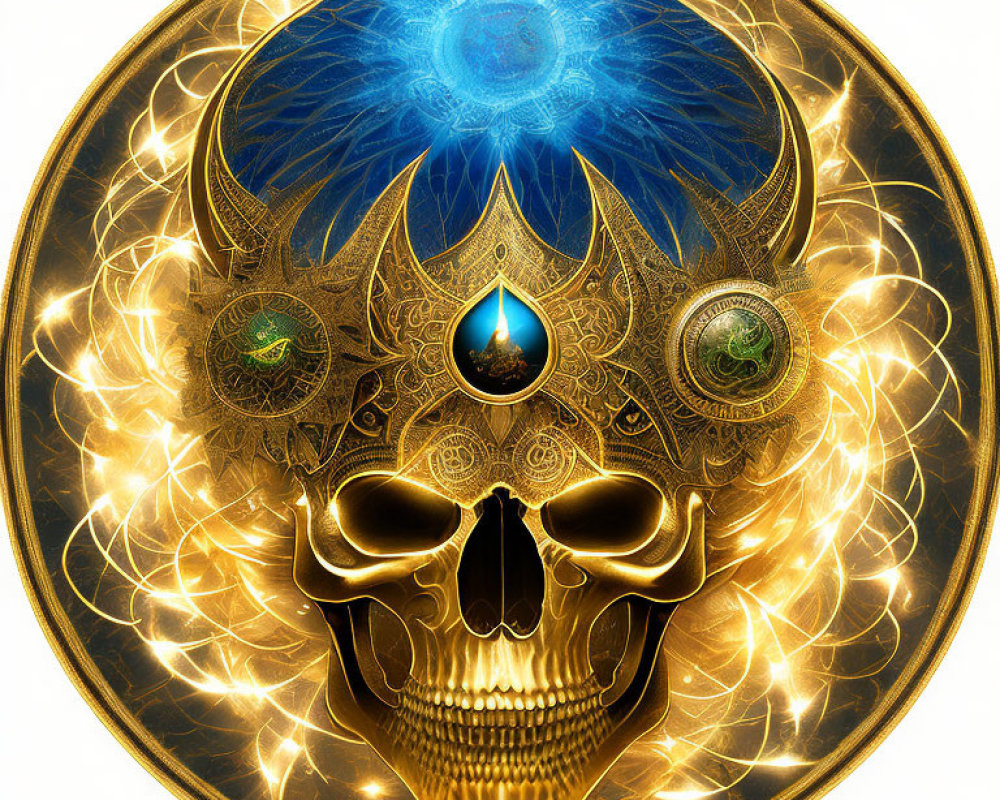 Golden skull with blue mandala and water drop in digital artwork