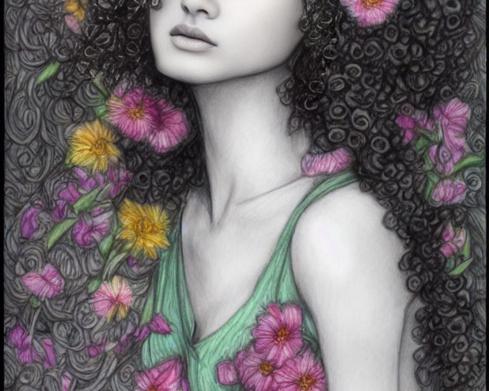 Illustration of woman with curly hair, floral hair adornments, green dress, contemplative gaze