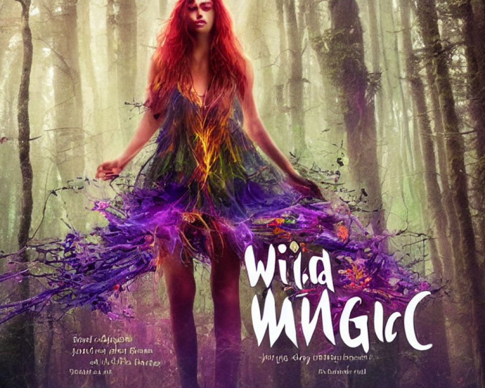 Vibrant woman in flowing dress in misty forest with "Wild Magic" text.