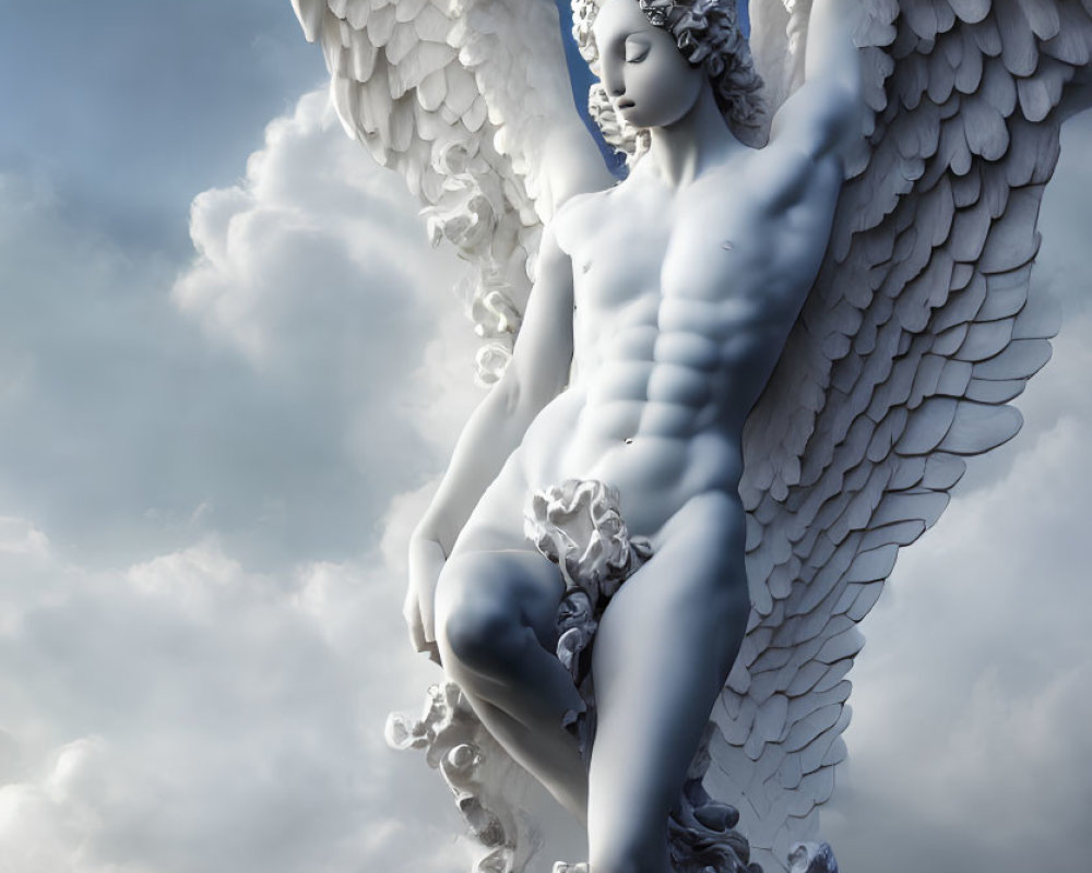 Winged male figure resembling a classical statue in the clouds