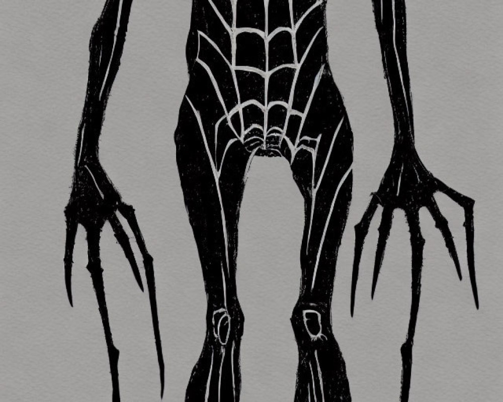 Monochrome illustration of slender humanoid with elongated limbs and spiderweb patterns