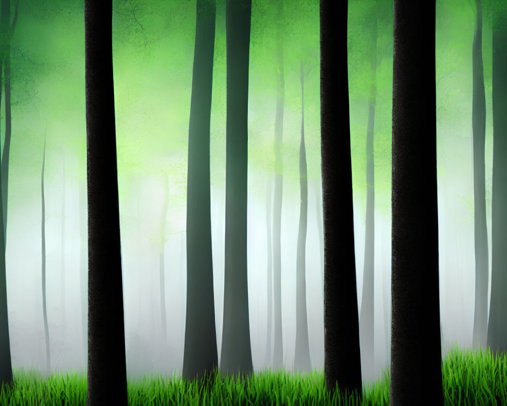 Mystical green forest with tall dark trunks and soft mist