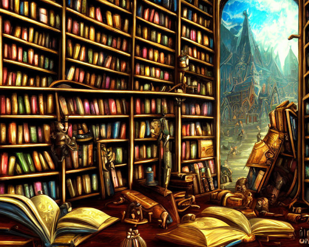 Enchanting library with towering bookshelves and magical castle view