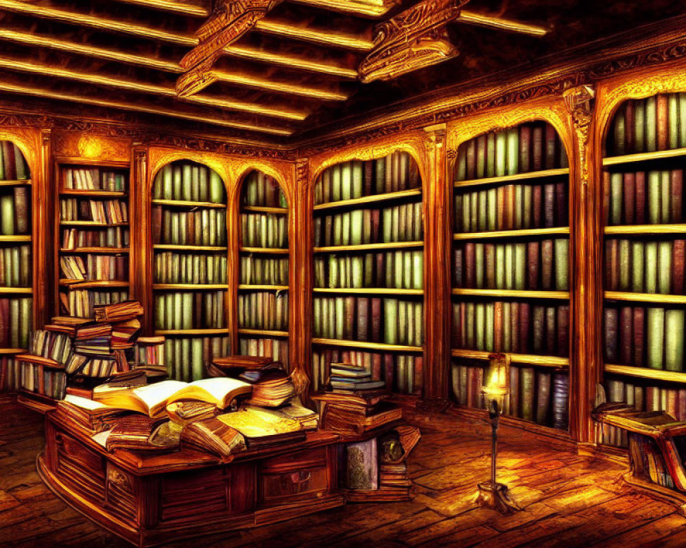 Warm-lit library with wooden bookshelves, reading table, and brass lamp