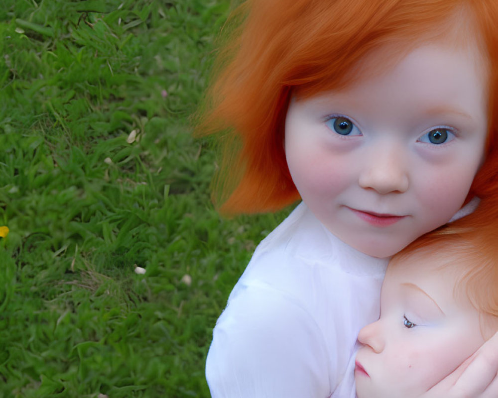 Child with Orange Hair and Blue Eyes Holding Doll on Grass with Dandelions