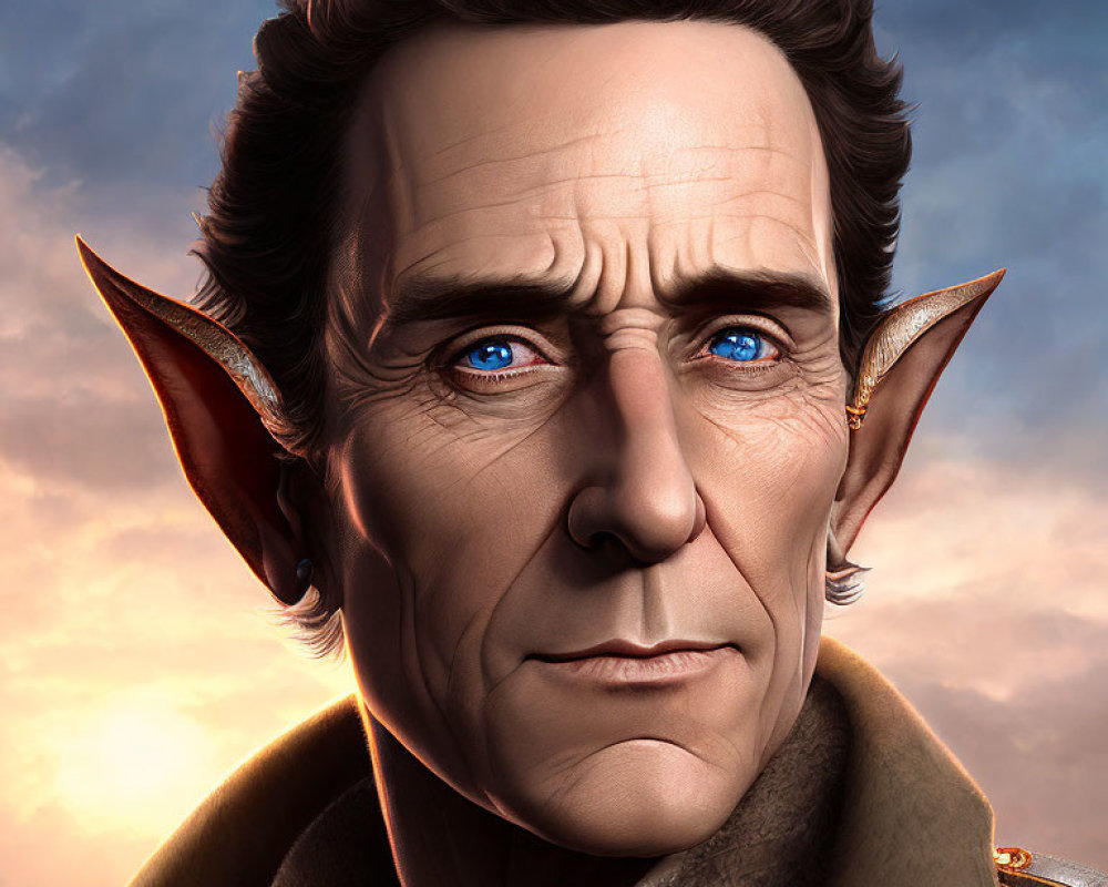 Detailed Male Character Illustration with Pointed Ears and Deep Blue Eyes