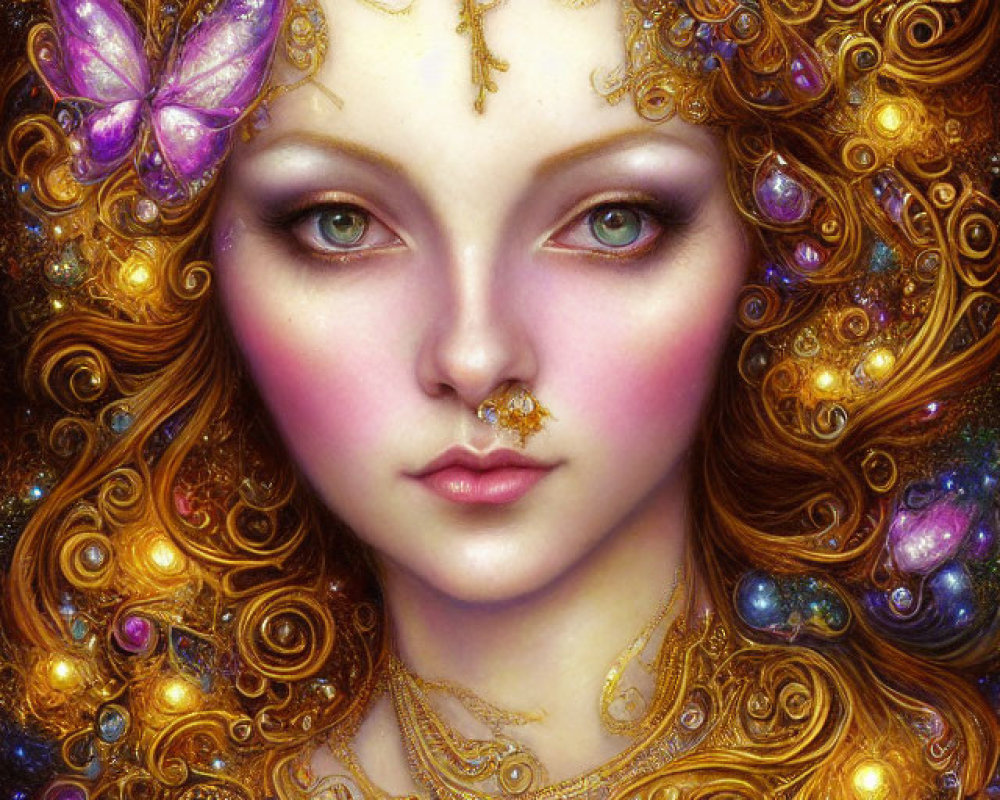 Portrait of woman with golden curly hair, purple butterflies, gold jewelry, gemstones