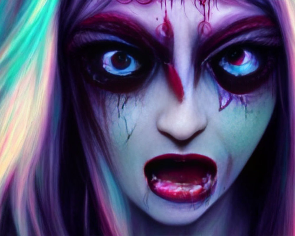 Exaggerated horror makeup with dark eye circles and rainbow hair