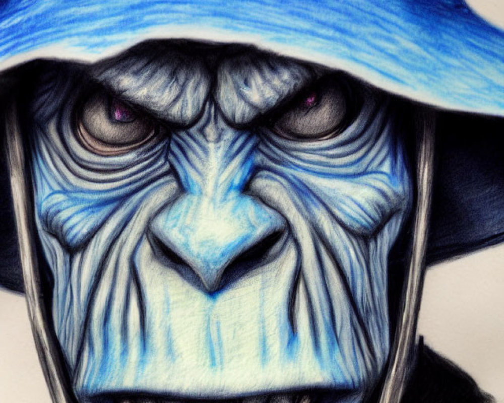 Menacing blue creature with red eyes and sharp teeth wearing a blue hat