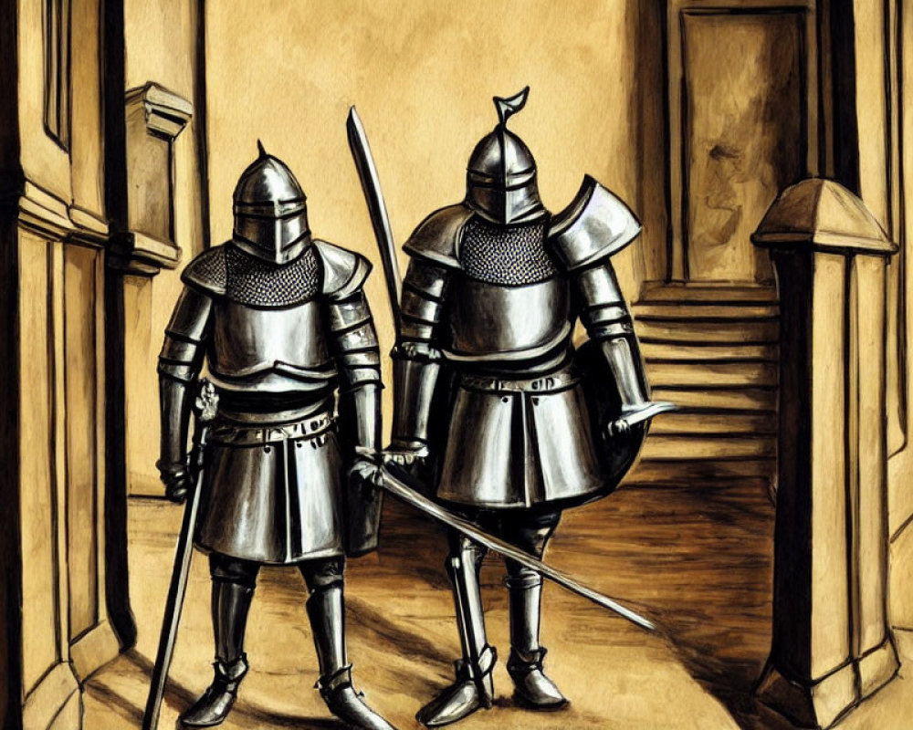 Armored knights with sword and spear guard castle corridor