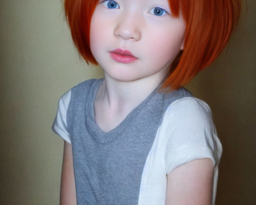 Young child with blue eyes and orange bob cut hair in gray shirt