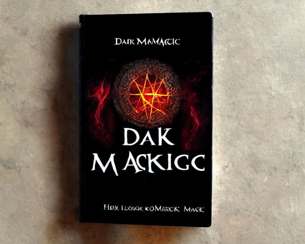 Black Book "Dark Magick" with Fiery Symbols on Stone Background