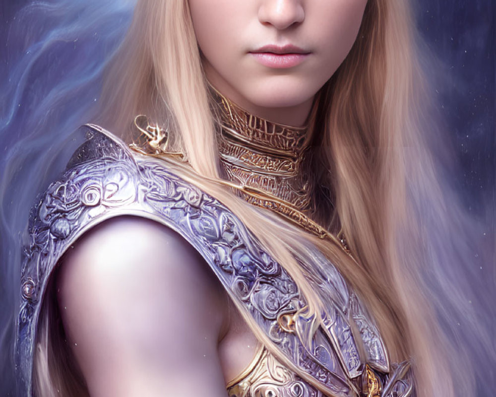 Blonde Woman in Golden Armor and Headpiece on Cosmic Background