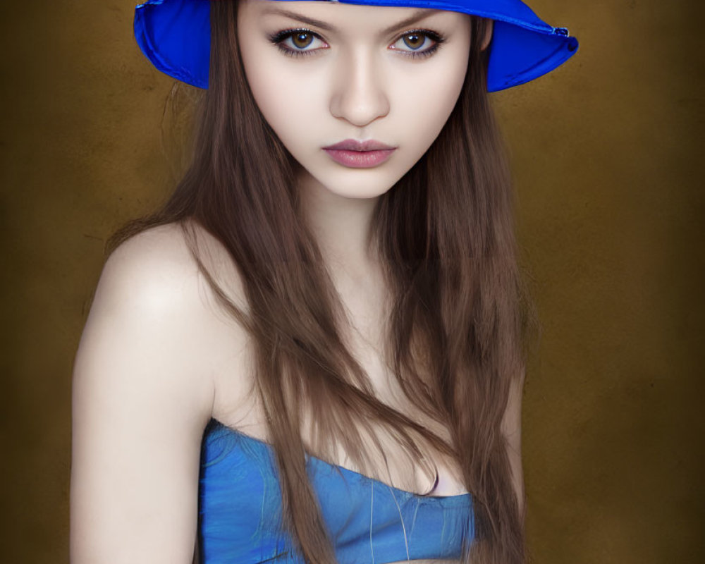 Woman with Long Brown Hair in Blue Bucket Hat and Strapless Top on Sepia Background