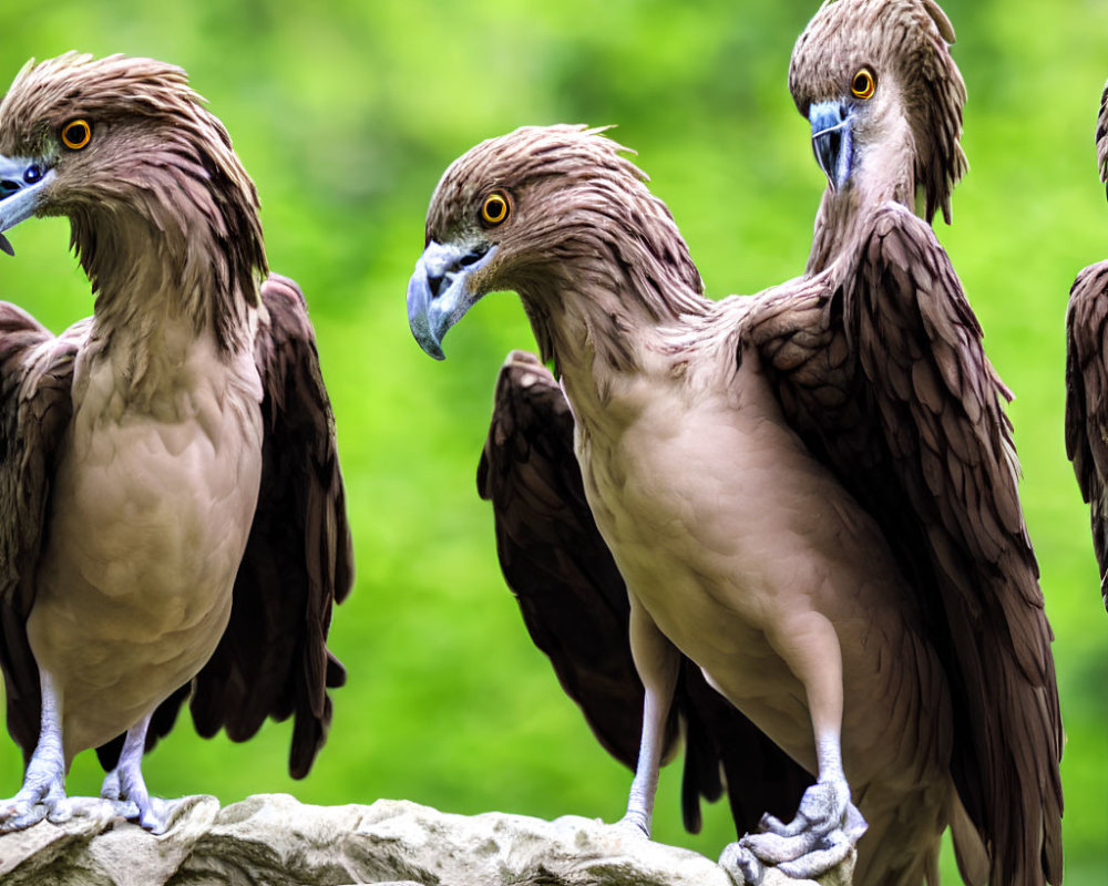 Three Brown Birds with Striking Yellow Eyes Perched on Rock