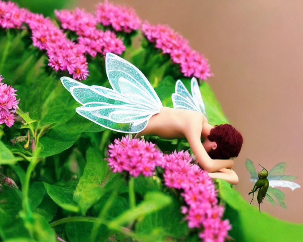 Translucent-winged fairy figurine with maroon hair and bee on pink flowers