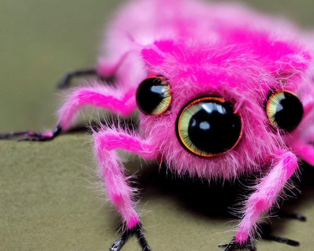 Vibrant pink jumping spider with black eyes on green background