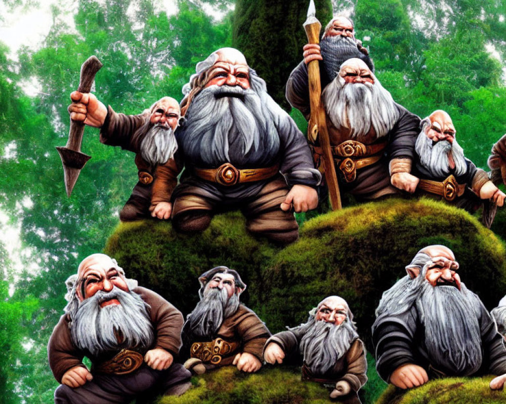 Fantasy dwarves with beards and axes in forest setting