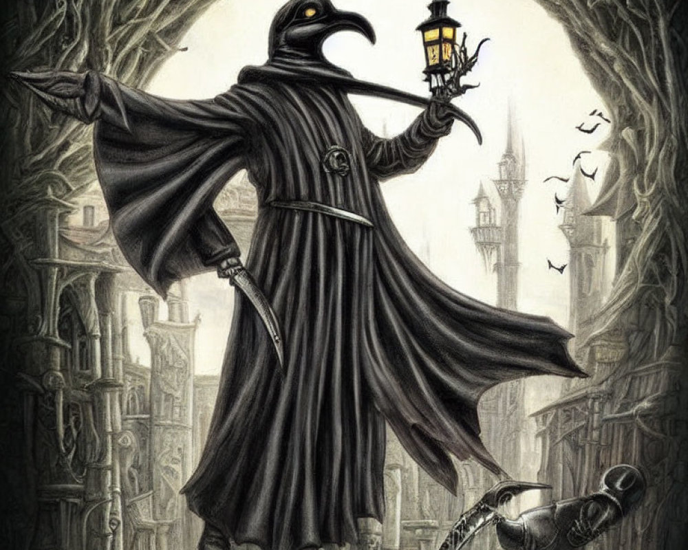 Mysterious cloaked figure in gothic alleyway with lantern