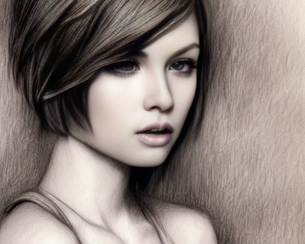 Stylized young woman with short brown hair and blue eyes in draped top on textured background