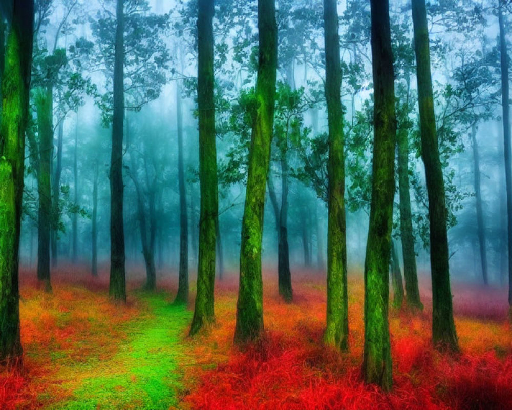 Colorful forest scene with red undergrowth, green trees, and blue fog.