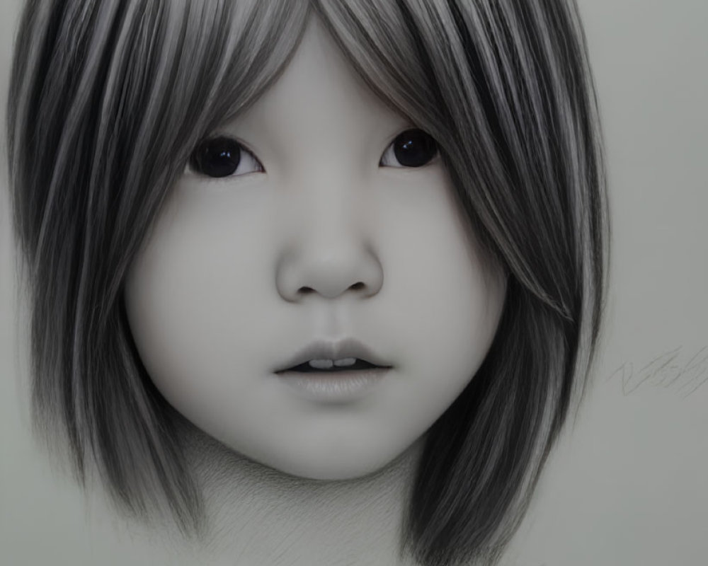 Monochrome portrait of a child with striking eyes and layered haircut