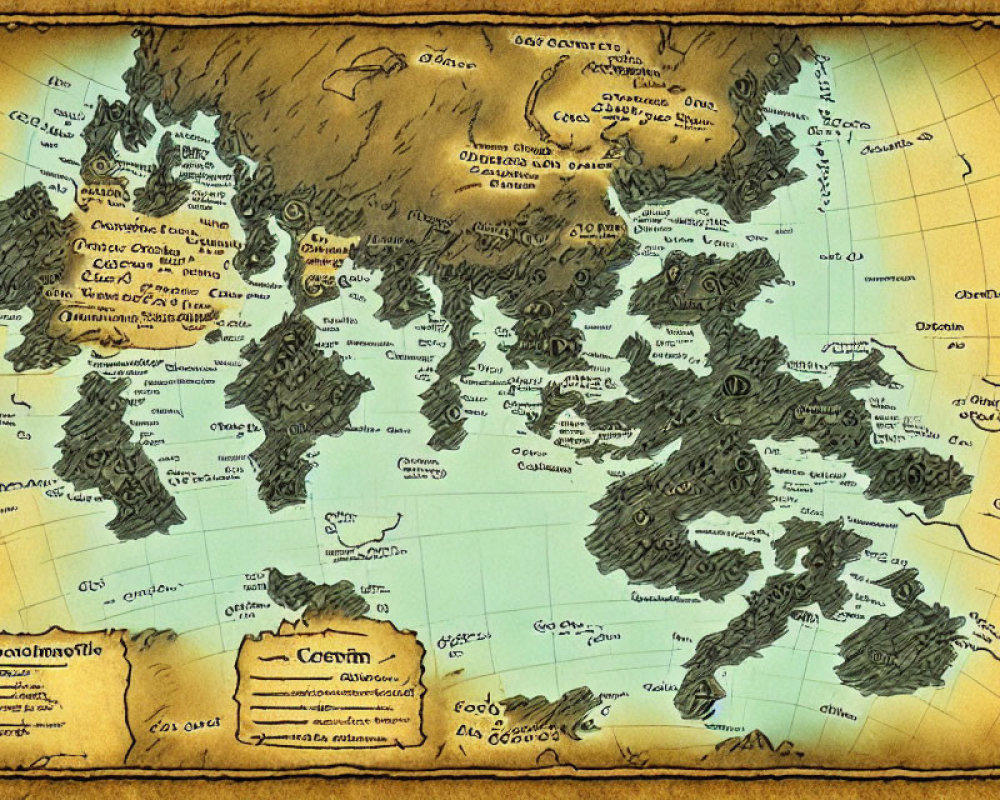 Detailed vintage-style fantasy map with landmasses, mountains, seas, and ornate script labels