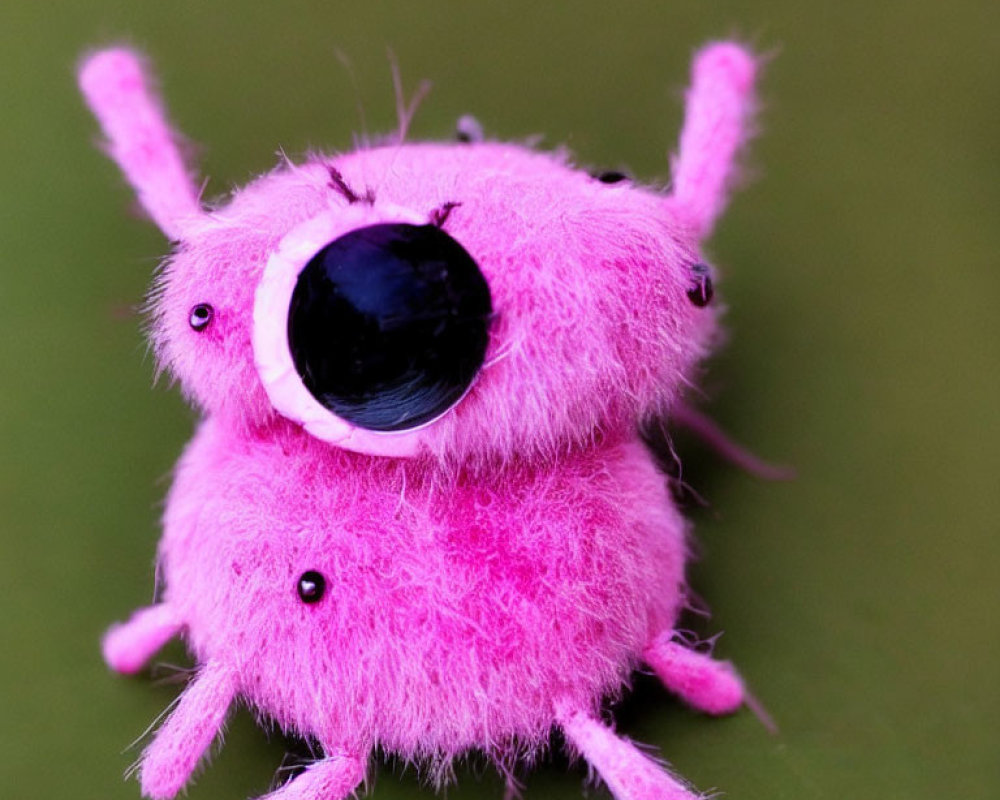 Fluffy pink creature with one eye and limbs on green background