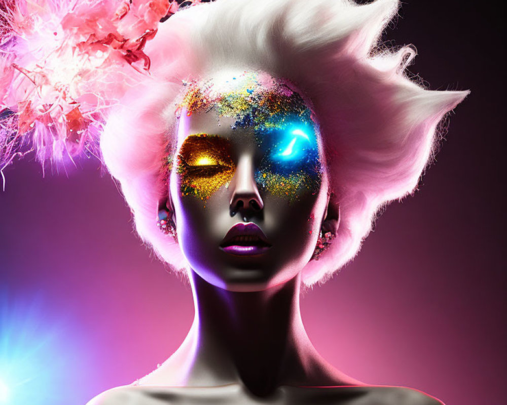 Colorful portrait with gold and blue makeup, white hair, on magenta background