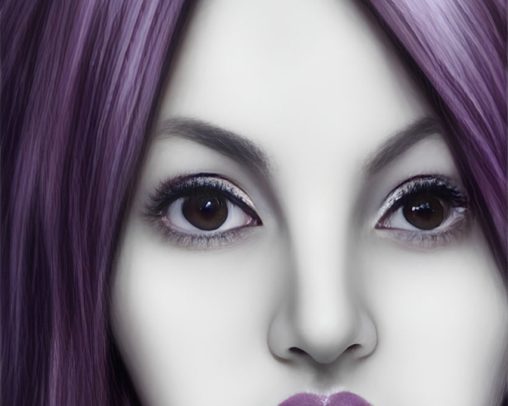 Digital artwork: Pale-skinned person with purple hair, dark eyes, and glossy lips