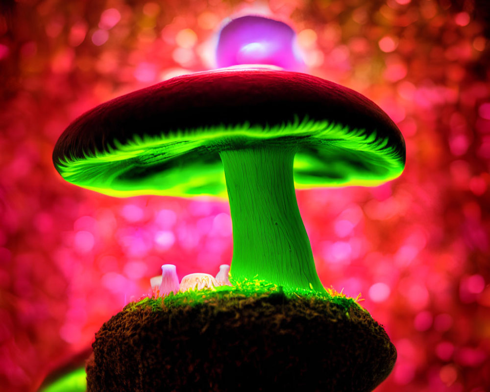 Vivid Green Mushroom with Red Cap on Pink Background