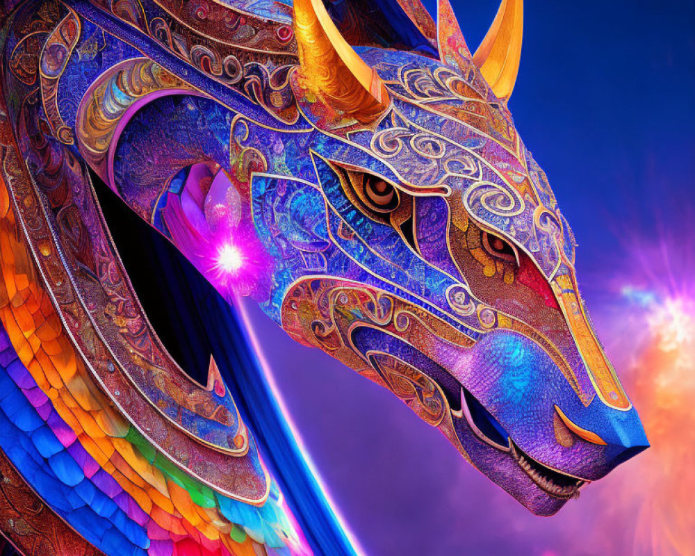 Colorful Dragon Art with Cosmic Background and Glowing Eye