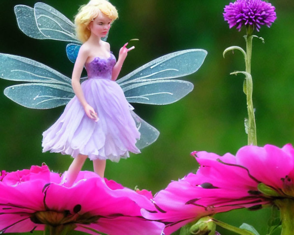 Translucent winged fairy doll on pink flowers against green backdrop