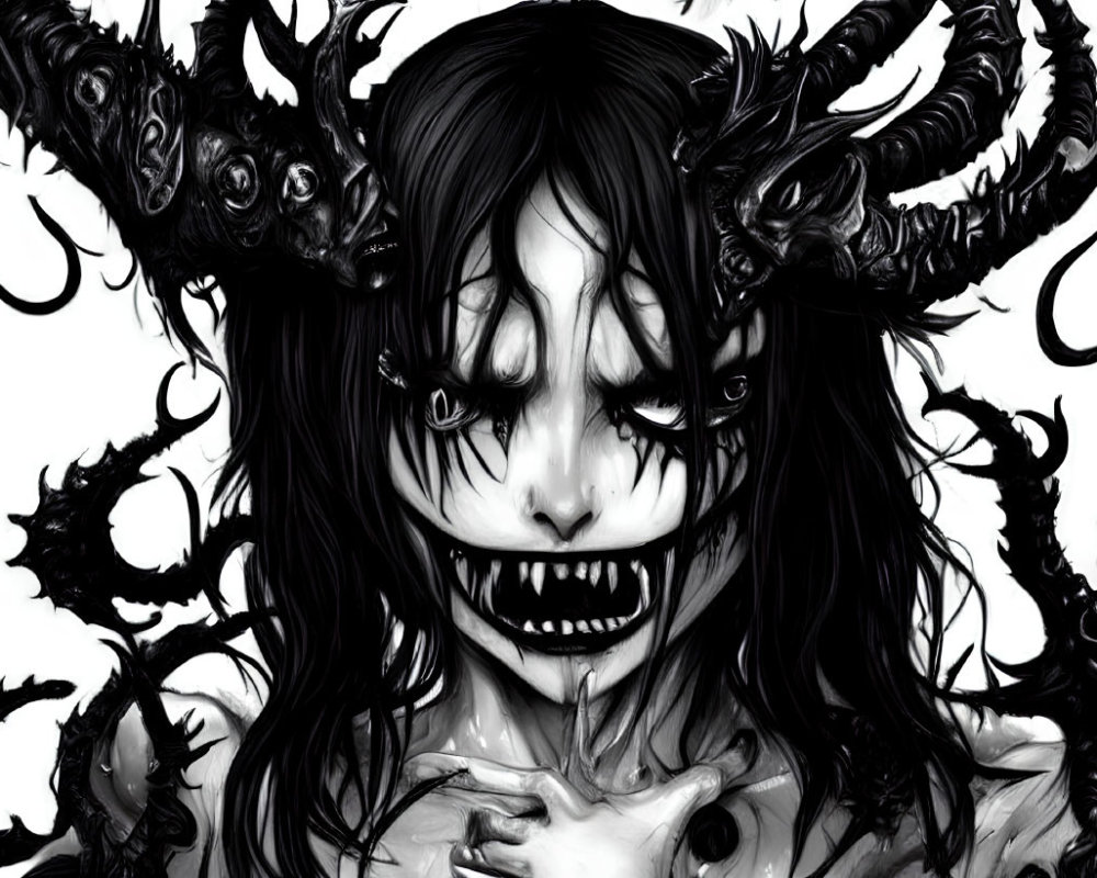 Monochromatic artwork of sinister figure with multiple horns, sharp teeth, and several eyes