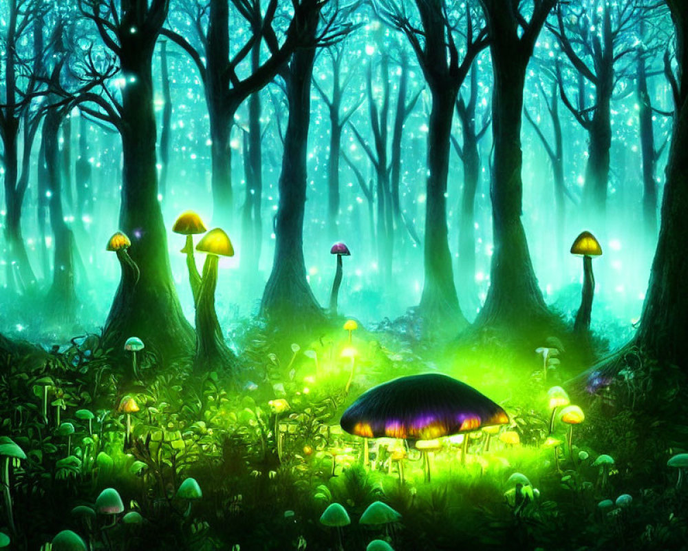 Enchanting forest with glowing mushrooms and vibrant green aurora light