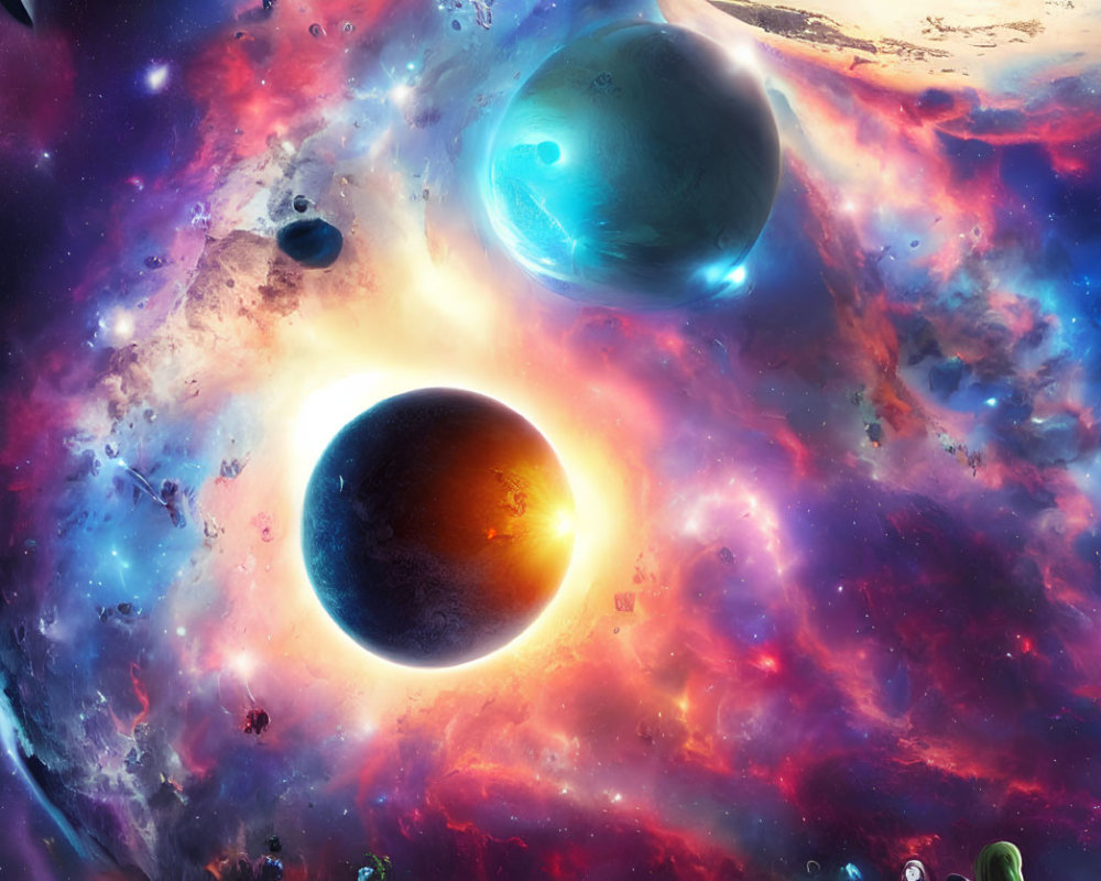 Colorful space scene with glowing star, nebulas, and planets in cosmic backdrop