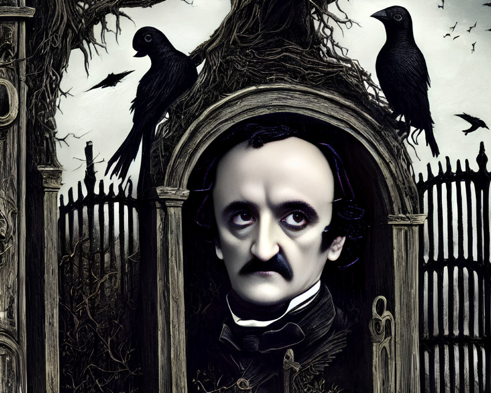 Dark and eerie Edgar Allan Poe-themed illustration with brooding eyes, black ravens, barren tree,