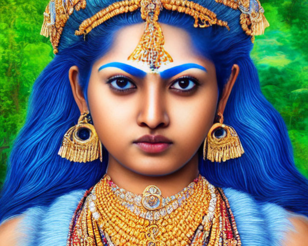 Vibrant blue-skinned female figure with golden headgear on green backdrop