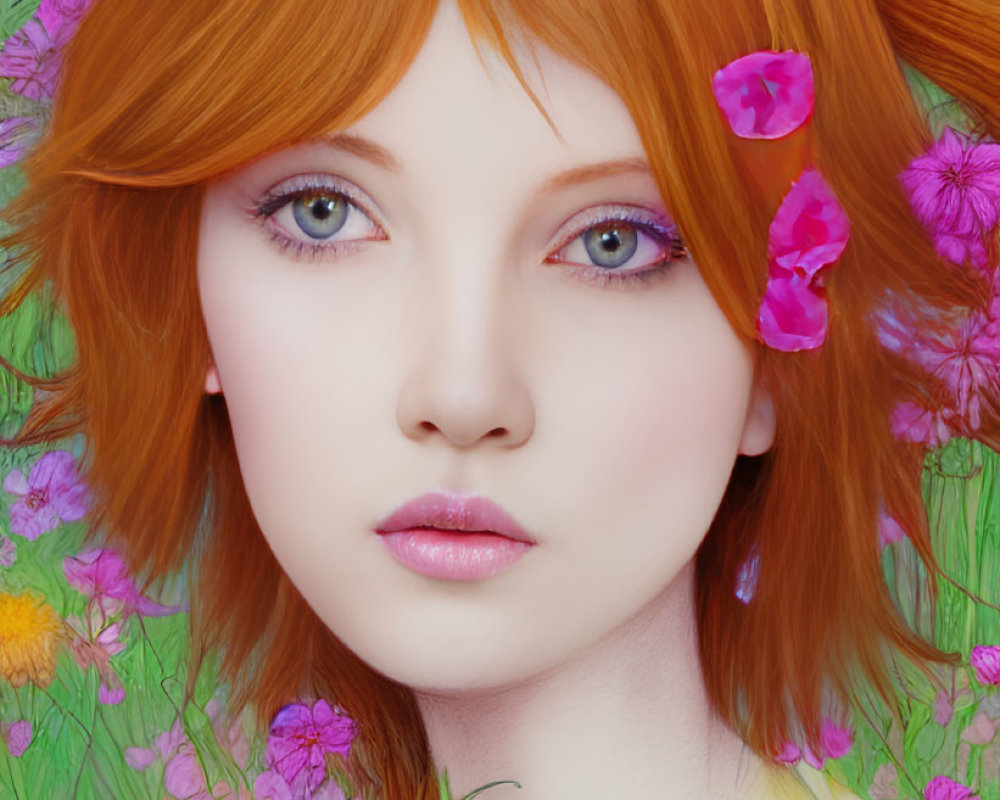 Digital art portrait of female figure with red hair and purple eyes, surrounded by vibrant flowers