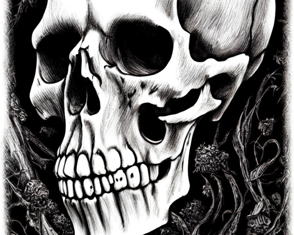 Monochrome human skull with dark vines and intricate patterns